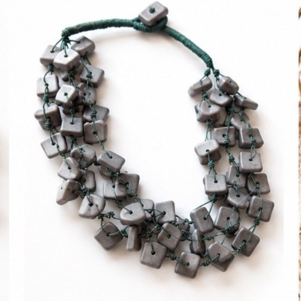 Handcrafted Multi-Strand Matte Grey Square Bead Statement Necklace Teal Cord - Picture 6 of 9
